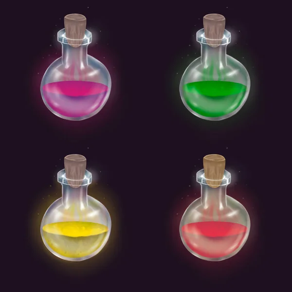 Flat Illustration Potions Mana Stamina Health Potions Games Isolated Dark — Stock Photo, Image