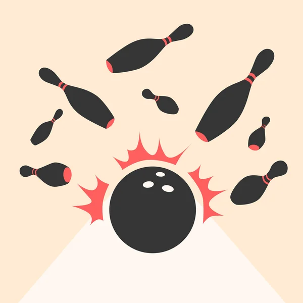 Bola de bowling em movimento. Espalhem alfinetes. Ilustração dos desenhos animados vetoriais — Vetor de Stock