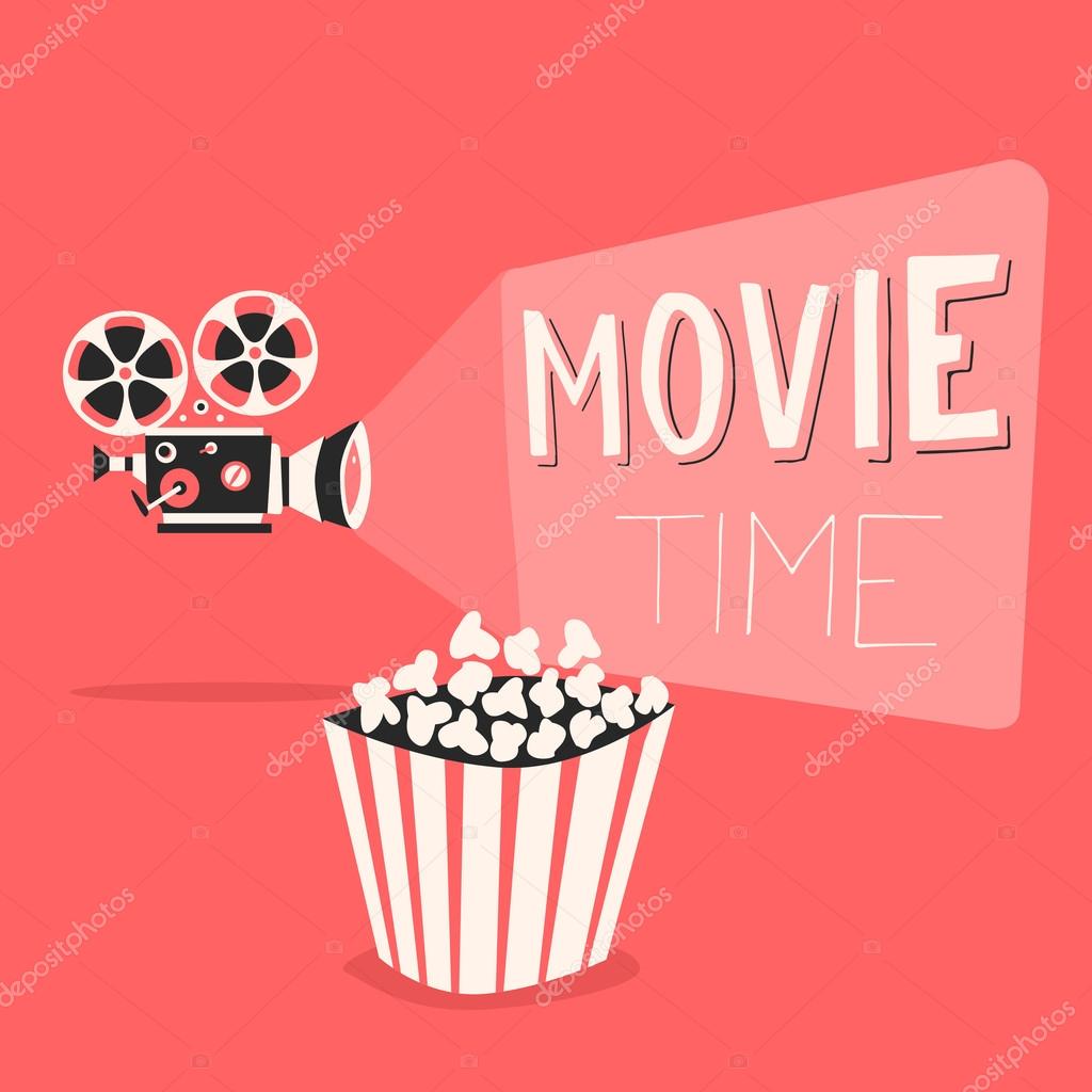 Movie time poster. Cartoon vector illustration. Film projector and popcorn  Stock Vector Image by ©dmitrymoi #111188314