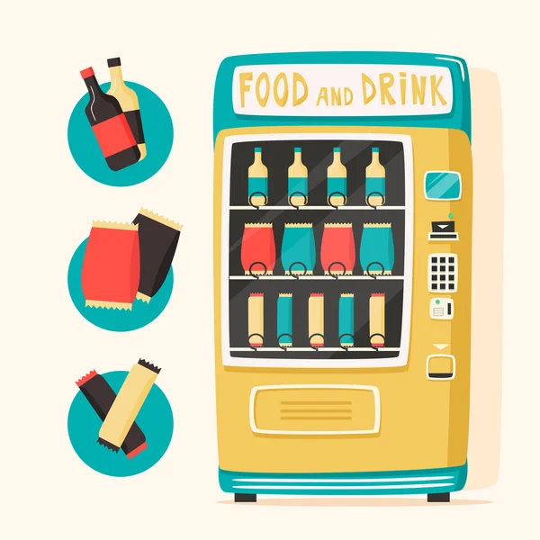 Máquina de venda automática vintage com alimentos e bebidas. Estilo retrô — Vetor de Stock