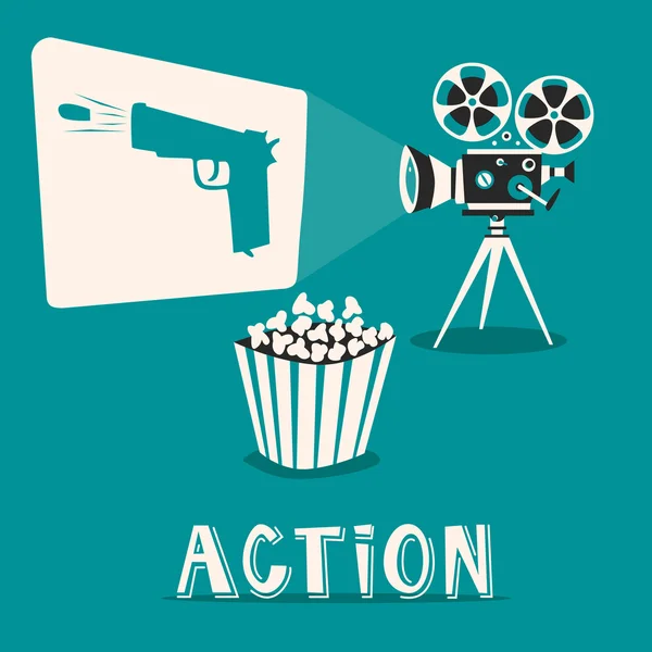 Akció a moziban. Érdekes film, a pattogatott kukorica — Stock Vector