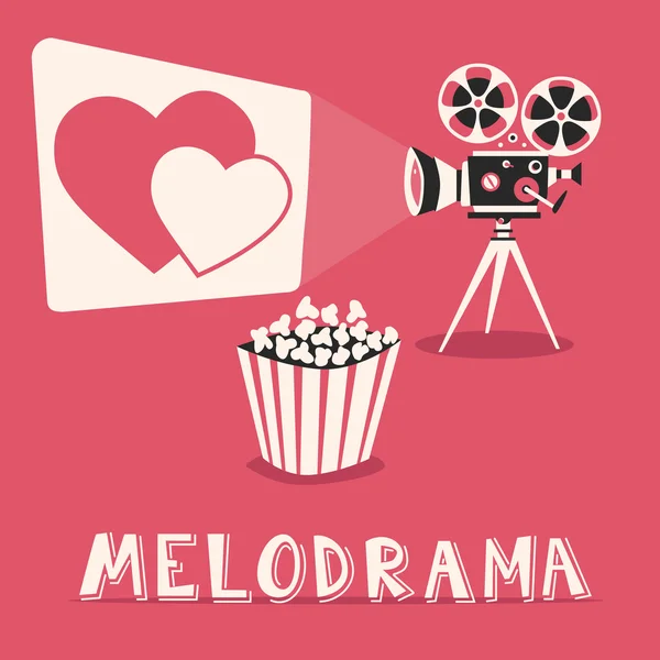 Melodrama in the cinema. Romantic film with popcorn — Stock Vector