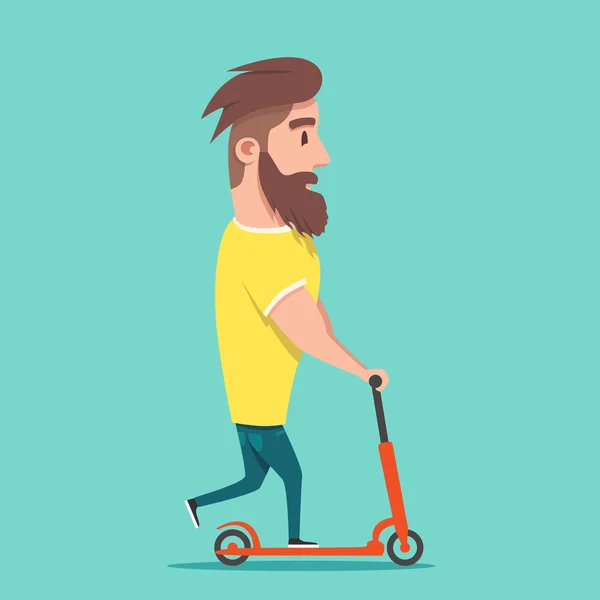 Hipster correndo uma scooter. Jovem homem moderno ama aventura . — Vetor de Stock