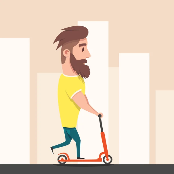 Hipster racing a scooter. Young modern man loves adventure. — Stock Vector