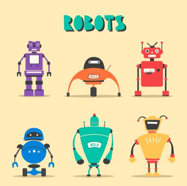 Robotlar kümesi. Vintage tarzı. Çizgi film vektör çizim