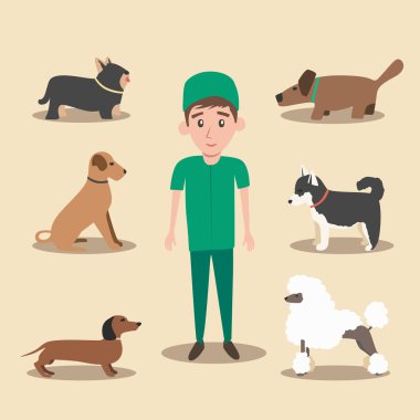 Köpekler kümesi. Çizgi film vektör çizim. Veteriner Kliniği