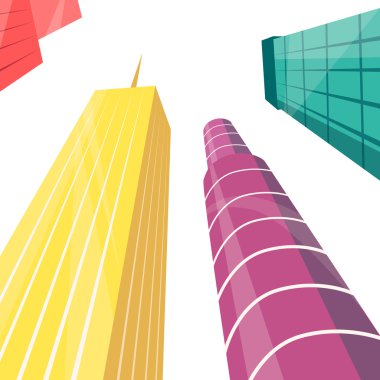 Şehir içinde gökdelenler. Alt görünümü. Çizgi film vektör çizim