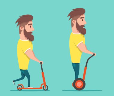 Adam hoverboard ve scooter. Çizgi film vektör çizim