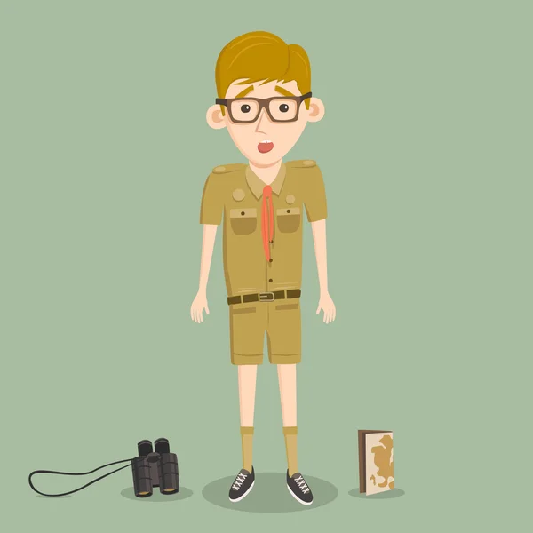 Boyscout con prismáticos. Inteligente chico entrenamiento a scout . — Vector de stock