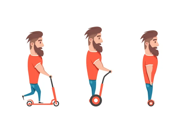 Man op hoverboard en scooter. Cartoon vectorillustratie — Stockvector