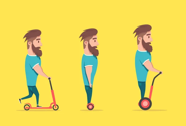 Hombre en hoverboard y scooter. Dibujos animados vector ilustración — Vector de stock