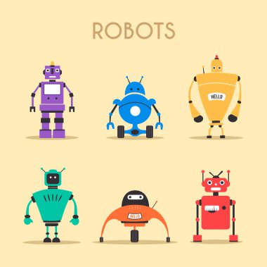 Robotlar kümesi. Vintage tarzı. Çizgi film vektör çizim