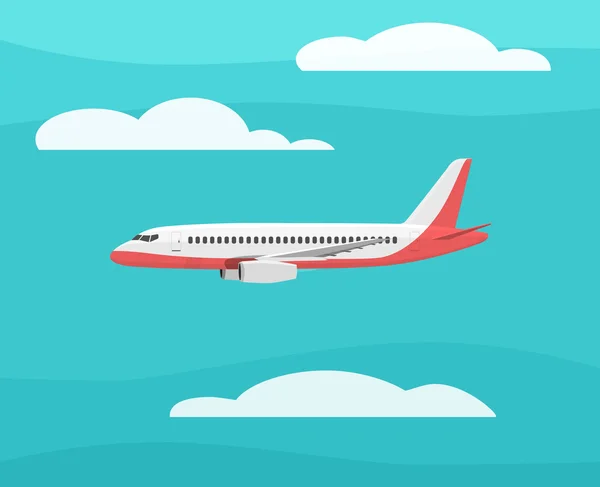 El avión vuela en el cielo. Vista lateral. Dibujos animados vector ilustración — Vector de stock