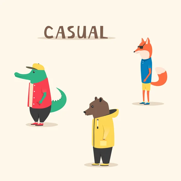Gruppo di animali vestiti. Stile casual. Illustrazione vettoriale cartone animato — Vettoriale Stock