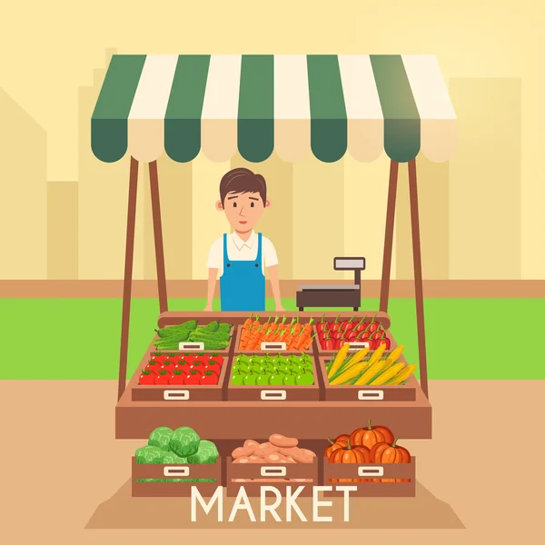 Mercado local de puestos. Vendiendo verduras. Ilustración vectorial plana — Vector de stock