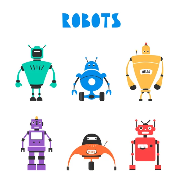 Conjunto de robôs. Estilo vintage. Desenhos animados ilustração vetorial —  Vetores de Stock