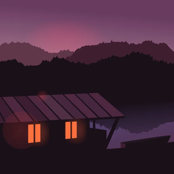 Kvällen landskap vid floden. Vektor illustration. Lake house — Stock vektor