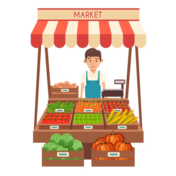 Mercado local de puestos. Vendiendo verduras. Ilustración vectorial plana — Archivo Imágenes Vectoriales