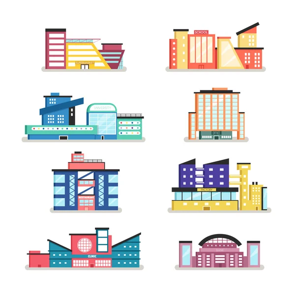 Conjunto de edificios públicos. Arquitectura moderna. Ilustración vectorial plana . — Vector de stock