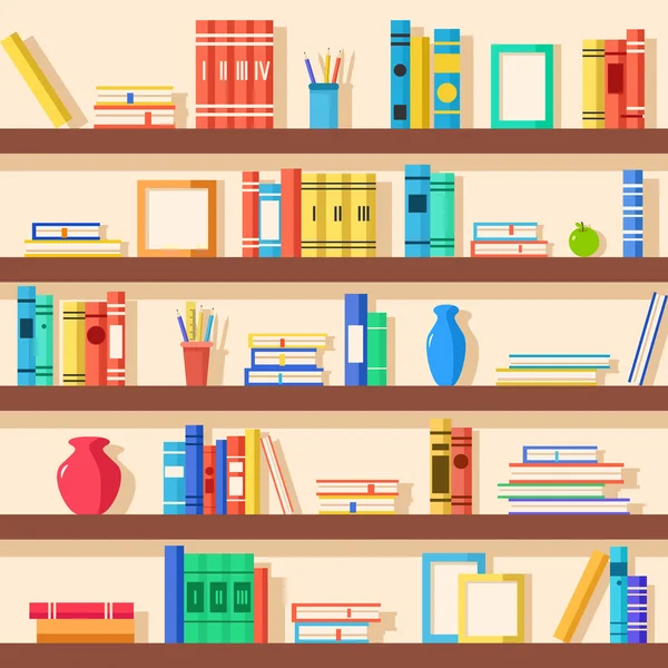 Knihy na policích. Vzdělávání. Vektorové ilustrace plochá — Stockový vektor