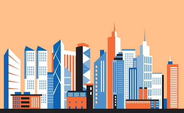 Ciudad paisaje céntrico. Rascacielos en la ciudad. Ilustración vectorial plana . — Vector de stock