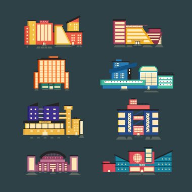 Kamu binaları kümesi. Modern mimari. Düz vektör çizim.