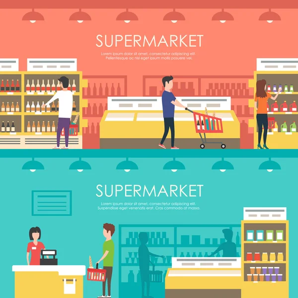 Mensen in de supermarkt. Platte vectorillustratie. Kruidenier en supermarkt — Stockvector