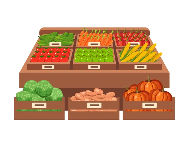 Mercado local de puestos. Vendiendo verduras. Ilustración vectorial plana — Vector de stock