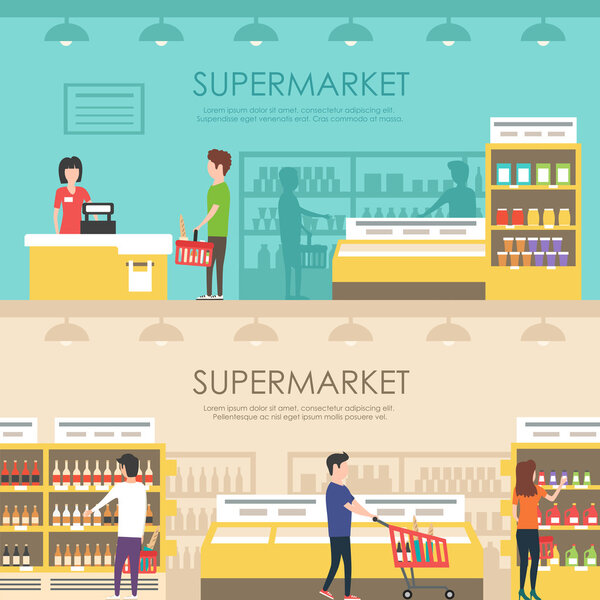 Люди в супермаркете. Векторная плоская иллюстрация. Продуктовый магазин
