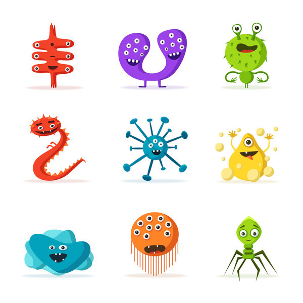Set of bacteria characters. Cartoon vector illustration. Microbiology