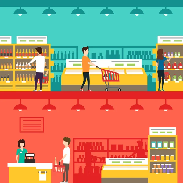 Az emberek a szupermarketben. Vektor lapos illusztráció. Élelmiszer-áruház — Stock Vector