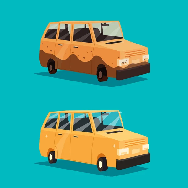 Vuile- en schone auto. Amerikaanse auto. Cartoon vectorillustratie — Stockvector
