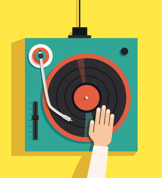 Giradiscos con manos dj. Ilustración plana del vector — Archivo Imágenes Vectoriales