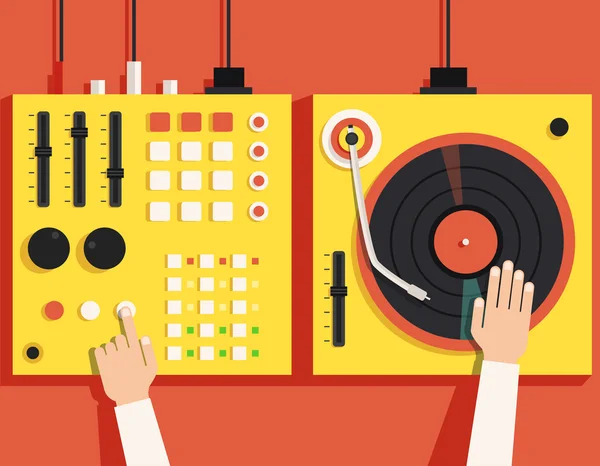 Gramofon dj rękami. Ilustracja wektorowa płaskie — Wektor stockowy