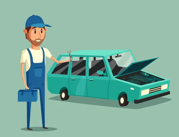 Auto reparatie. Grappige monteur. Vectorillustratie cartoon — Stockvector