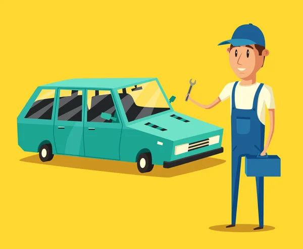 Car repair. Funny mechanic. Vector cartoon illustration