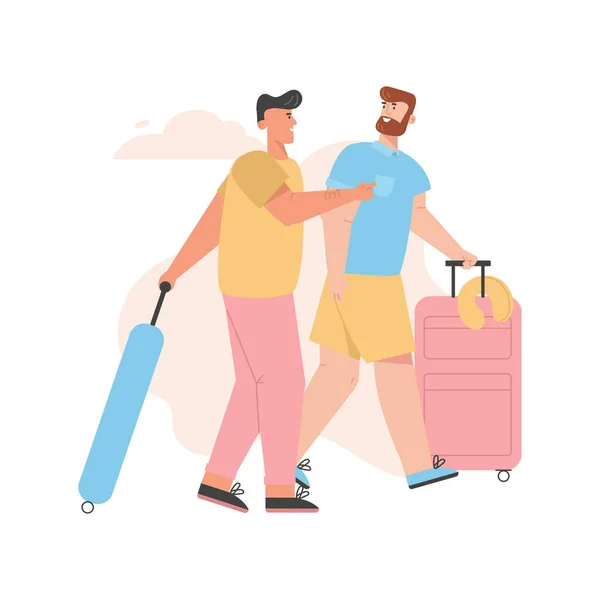 Gay couple goes on summer vacation trip — Stock Vector