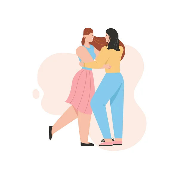 Female LGBT couple dancing at party. Lesbians women hugging — Stock Vector