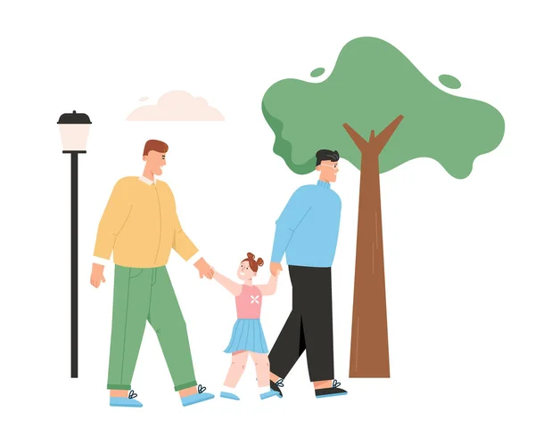 Happy male LGBT family with kid. Gay couple walking with daughter — Stock Vector