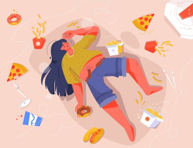 Sad fat woman eating fast food, lying on floor clipart