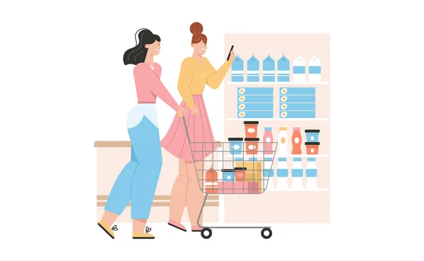 Женская пара ЛГБТ или семья вместе покупают еду в супермаркете — стоковый вектор