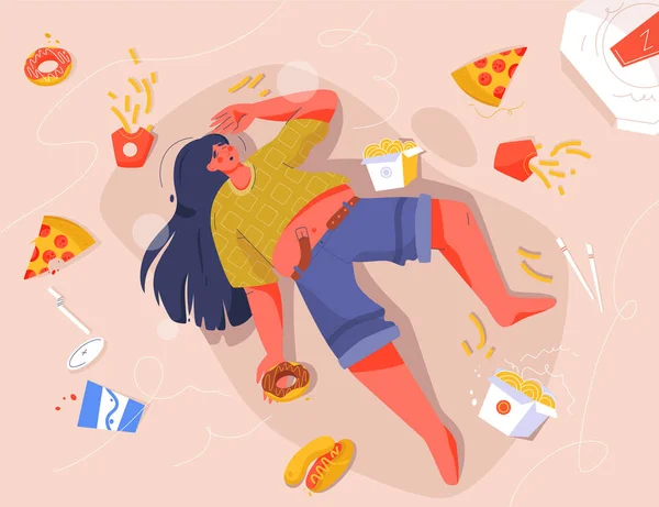 Sorglig fet kvinna äter snabbmat, liggande på golvet — Stock vektor