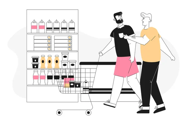 Счастливый мужчина ЛГБТ пара покупки в продуктовом магазине — стоковый вектор