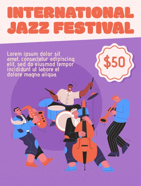 Джаз-группа играет музыку на фестивале, концерте или выступает на сцене — стоковый вектор