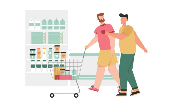 Мужская пара ЛГБТ или семья вместе покупают еду в супермаркете — стоковый вектор