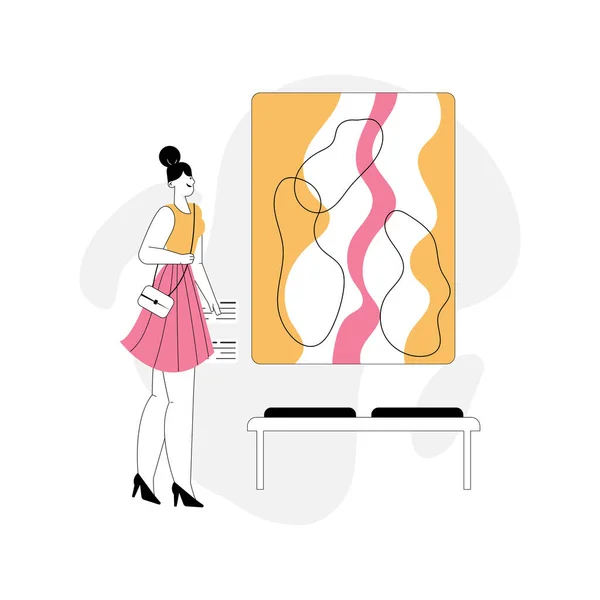 Mujer viendo exposición de pintura abstracta — Vector de stock
