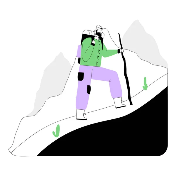 Mochilero, viajero o explorador con mochila sube montaña — Archivo Imágenes Vectoriales