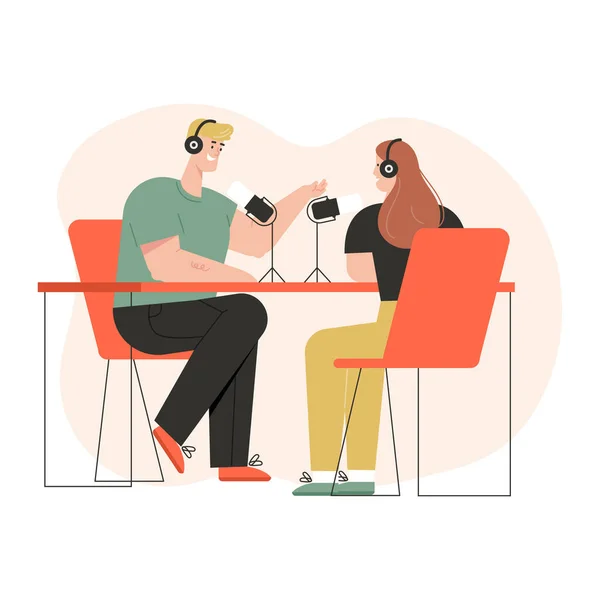 L'animateur et l'invité de la radio enregistrent une interview en studio — Image vectorielle