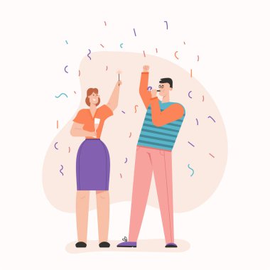 Erkek ve kadın partide konfetiyle kutlama yapıyorlar.