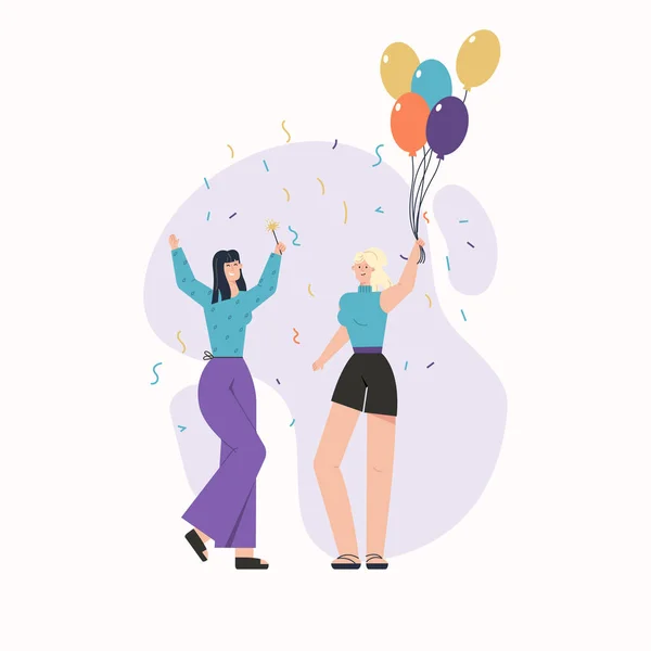 Chicas jóvenes felices con globos y confeti celebrando en la fiesta — Archivo Imágenes Vectoriales